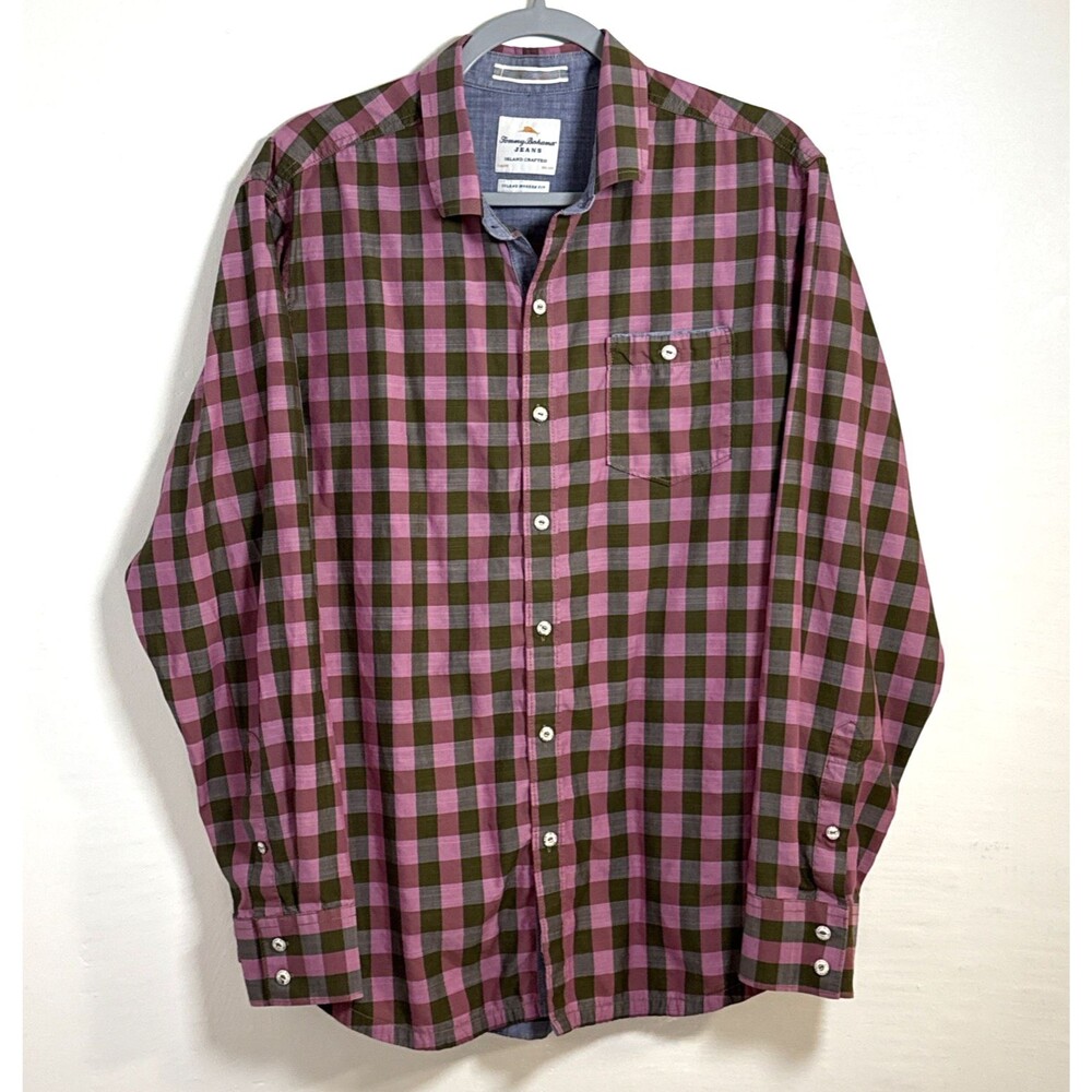 Tommy Bahama Men's Pink Brown Check Cotton Casual Shirt Size Large